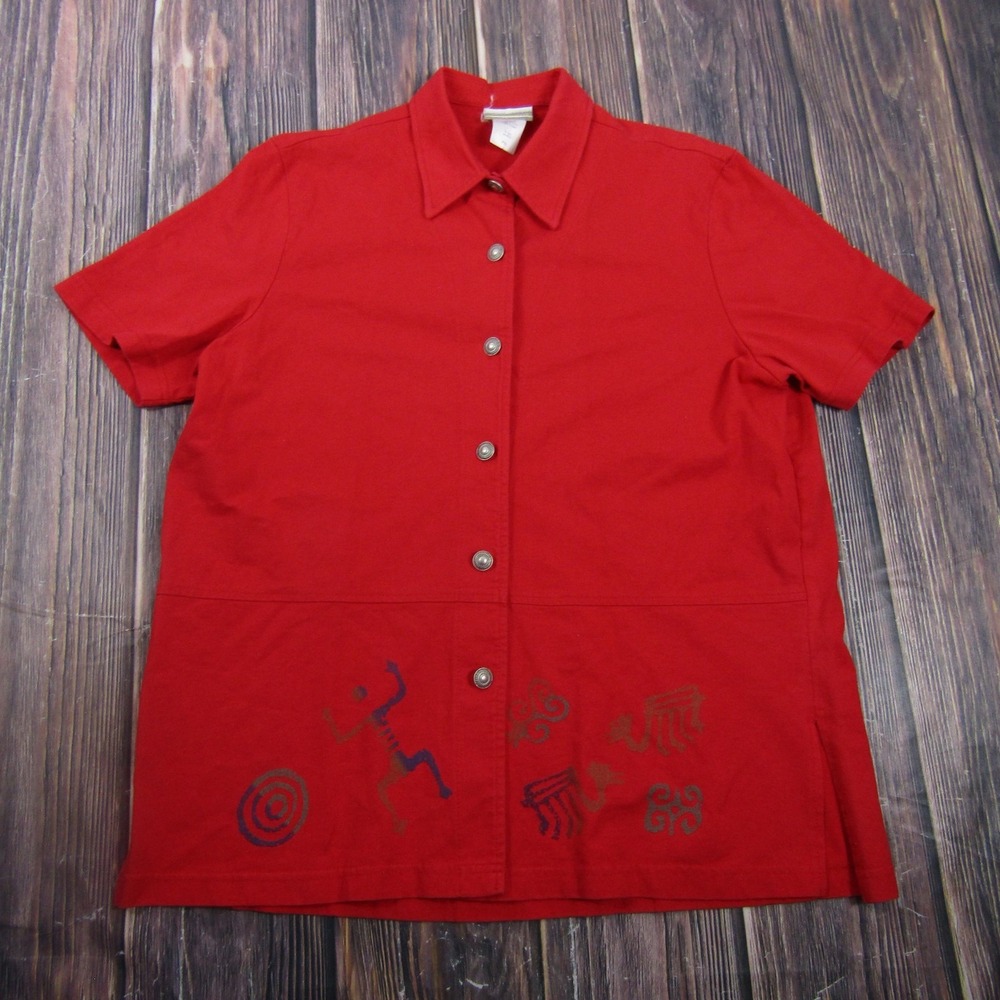 Vintage Coldwater Creek Button-Up Womens PXL Red Tunic Short Sleeve Granny Core
